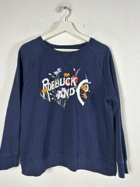 Roebuck & Co. Womens Floral Graphic Crewneck Sweatshirt XL Blue Pullover Casual